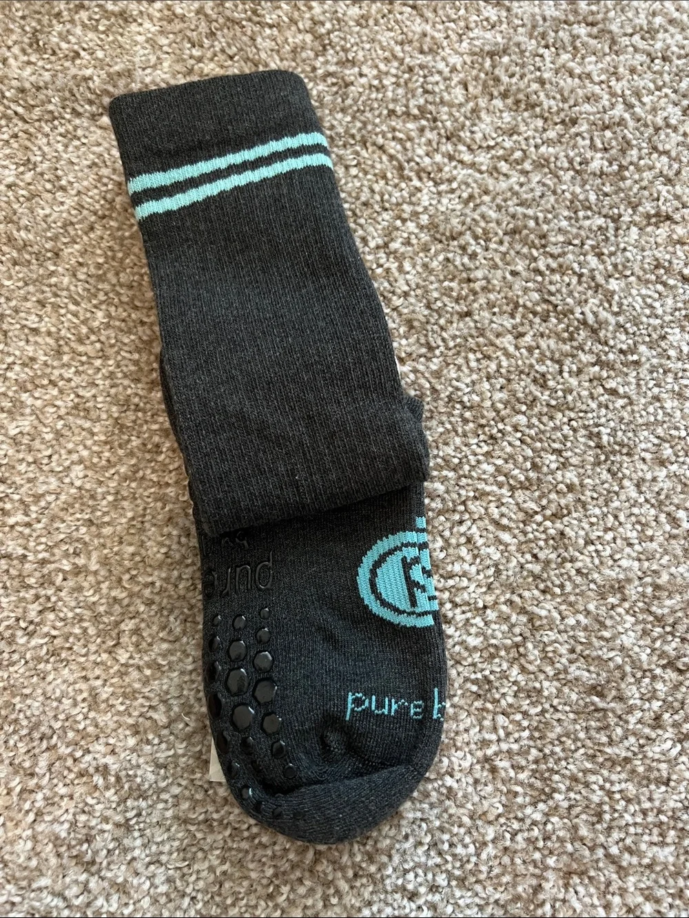 NWT Pure Barre Women’s Charcoal Grip Socks with Teal Stripes